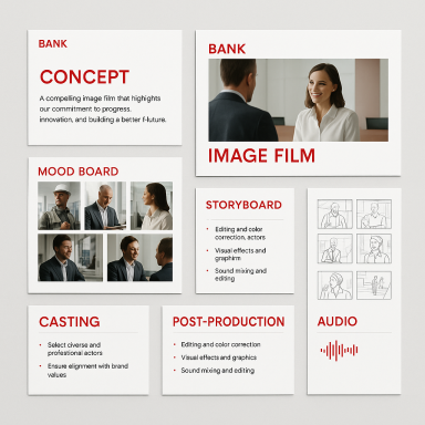 Image Film Documents showcasing a bank's concept, mood board, storyboard, casting, and post-production details.