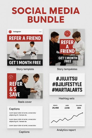 Social Media Bundle Promotional graphic for a social media bundle offering free month, referrals, and analytics.