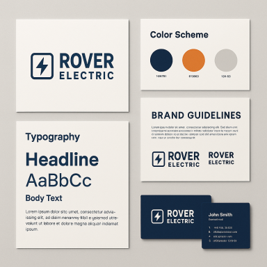 Branding Brand identity materials for Rover Electric, including color scheme and typography guidelines.