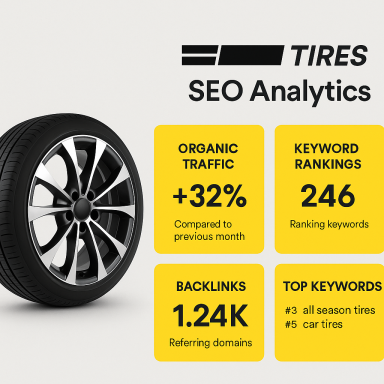 SEO Analytics Tire SEO analytics showing traffic increase, keyword rankings, and backlinks data.