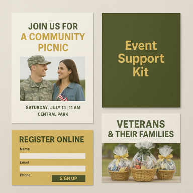 Event Kit Community picnic invitation with details for veterans and families, featuring a supportive design.