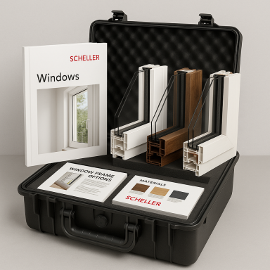 POS - Mobile Presentation Toolkit Display case with window samples and a brochure titled "Windows."
