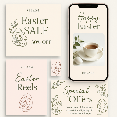 Social Media Campaign Easter sale promotion with coffee cup and decorative text elements.