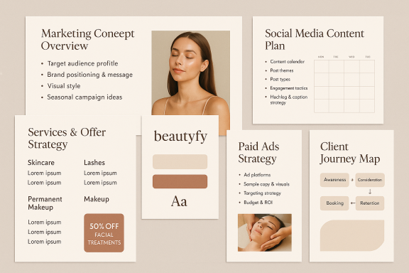 Marketing Concept Marketing overview and social media content plan with a serene woman in a beauty concept.